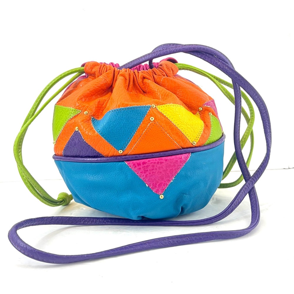 Vtg 80s Patchwork Leather Drawstring Bucket Bag C… - image 2